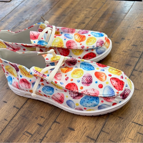 Emmeline's Fashion Easter Eggs Printed Square Toe Slip On Canvas Flats Shoes - Picture 4 of 14